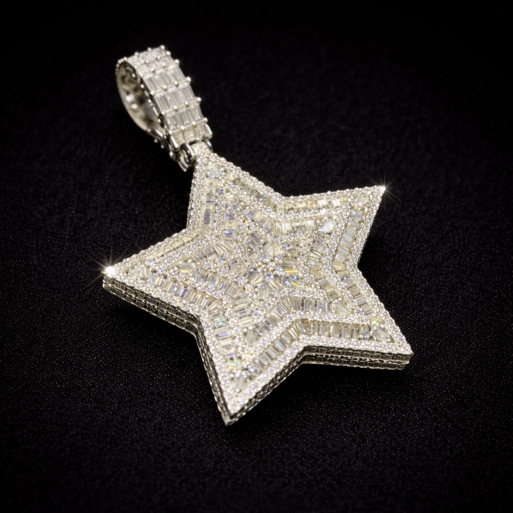 925 Sterling Silver Moissanite Iced Star Pendant