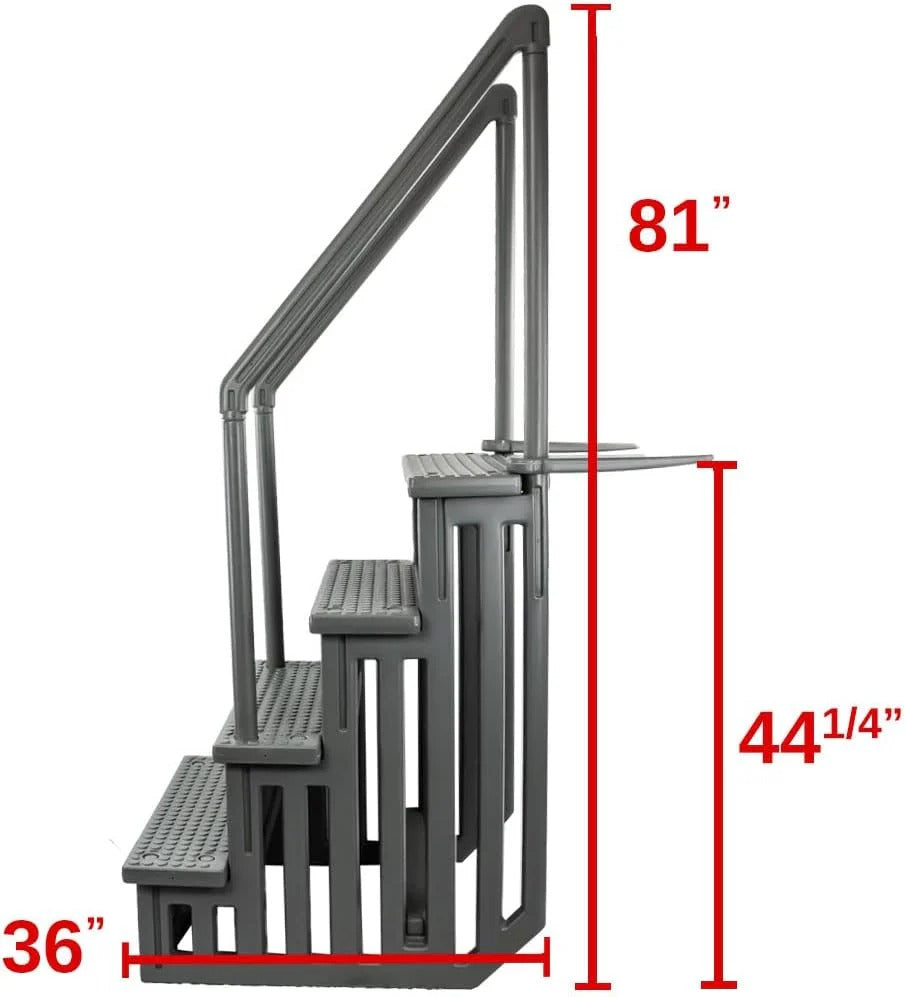 Non-slip pool entrance steps | Gray | Suitable for above-ground pools | Can be installed on patios with a height of 122 to 137 cm | Maximum load capacity 136 kg